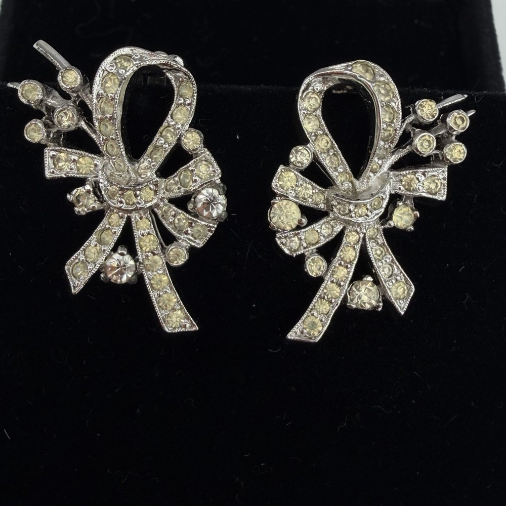 Vtg PANETTA  Rhinestone Earrings Floral Bow Signed Read - Picture 2 of 13